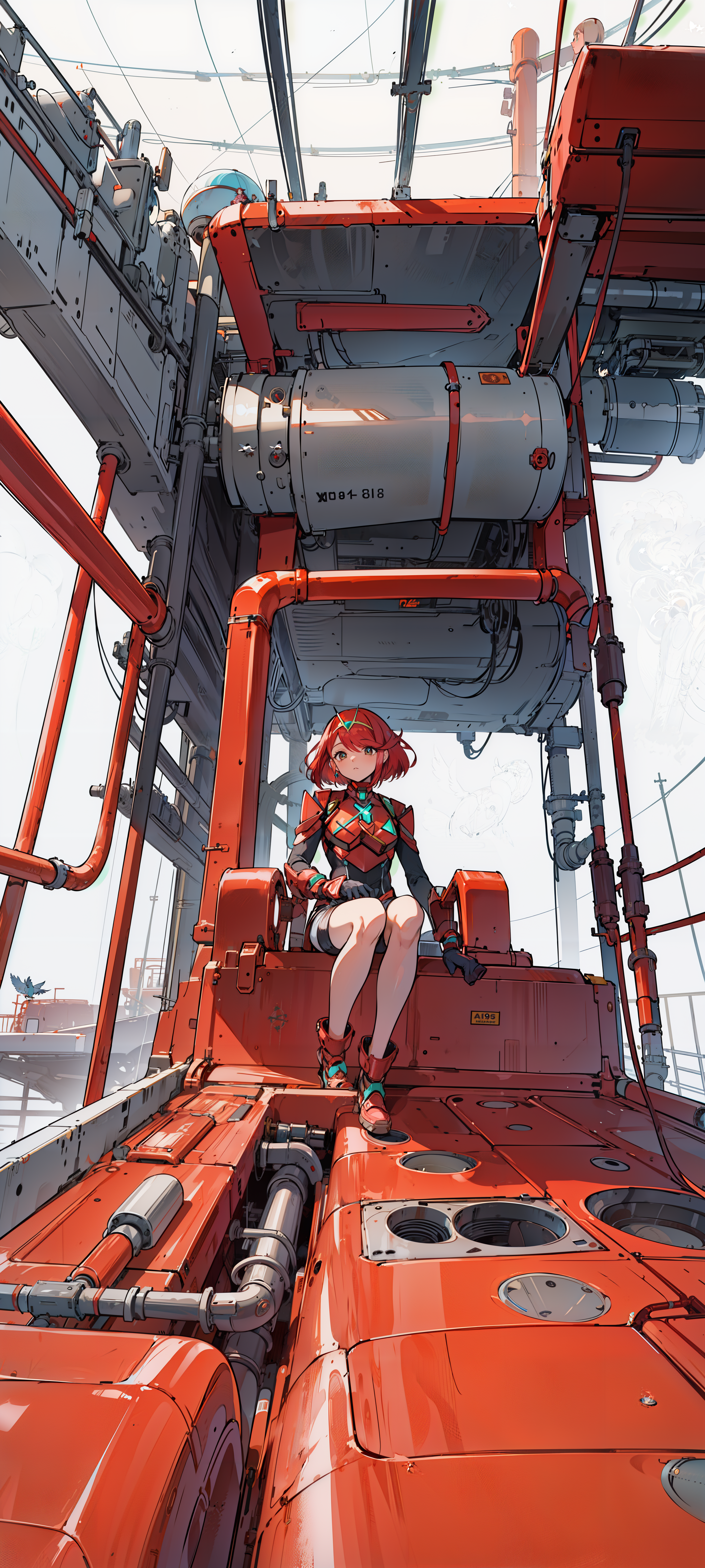 04848-1877915588-Black and white lineart 90's vintage manga,a woman with short hair in shorts sitting in a submarine cockpit,wearing a ripped spa.png